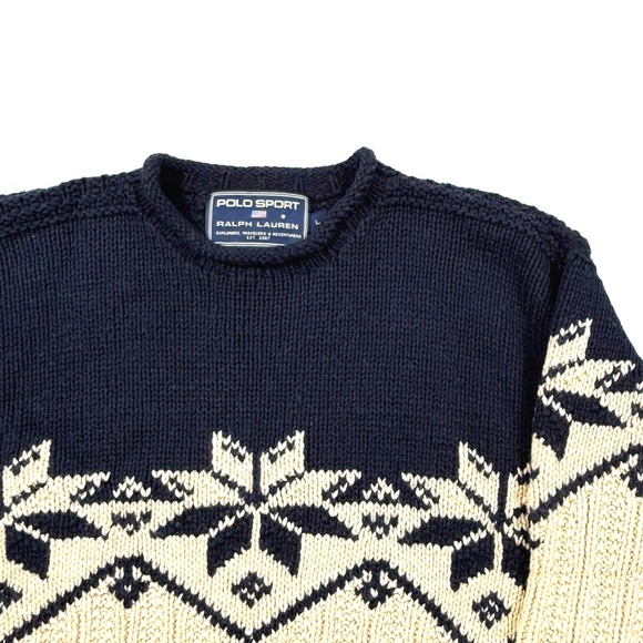 VINTAGE Polo Sport Ralph Lauren Mens Navy Cream Fair Isle Wool Cotton Sweater L